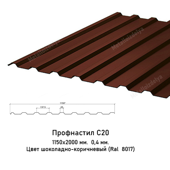 Профнастил С20 0,4мм 1150х2000 Ral 8017 Шоколадно-коричневый