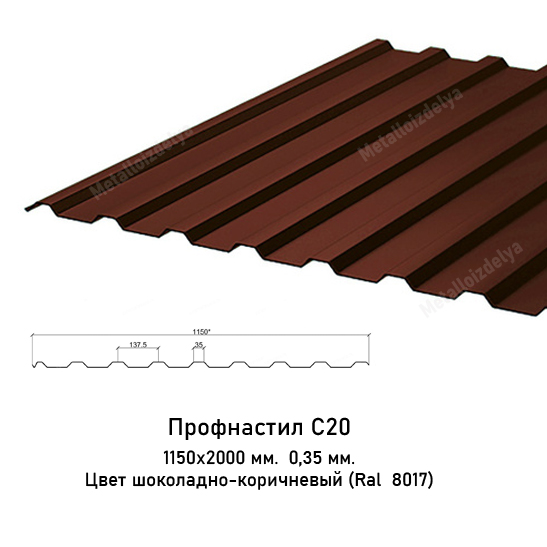 Профнастил С20 0,35мм 1150х2000 Ral 8017 Шоколадно-коричневый